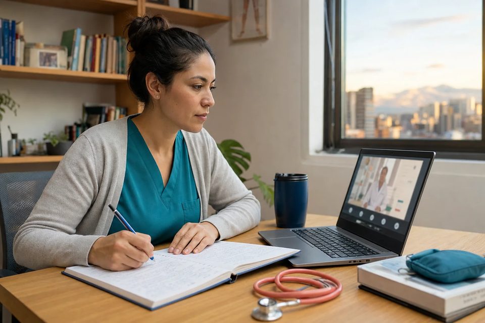 Profesional de la salud estudiando en el aula virtual